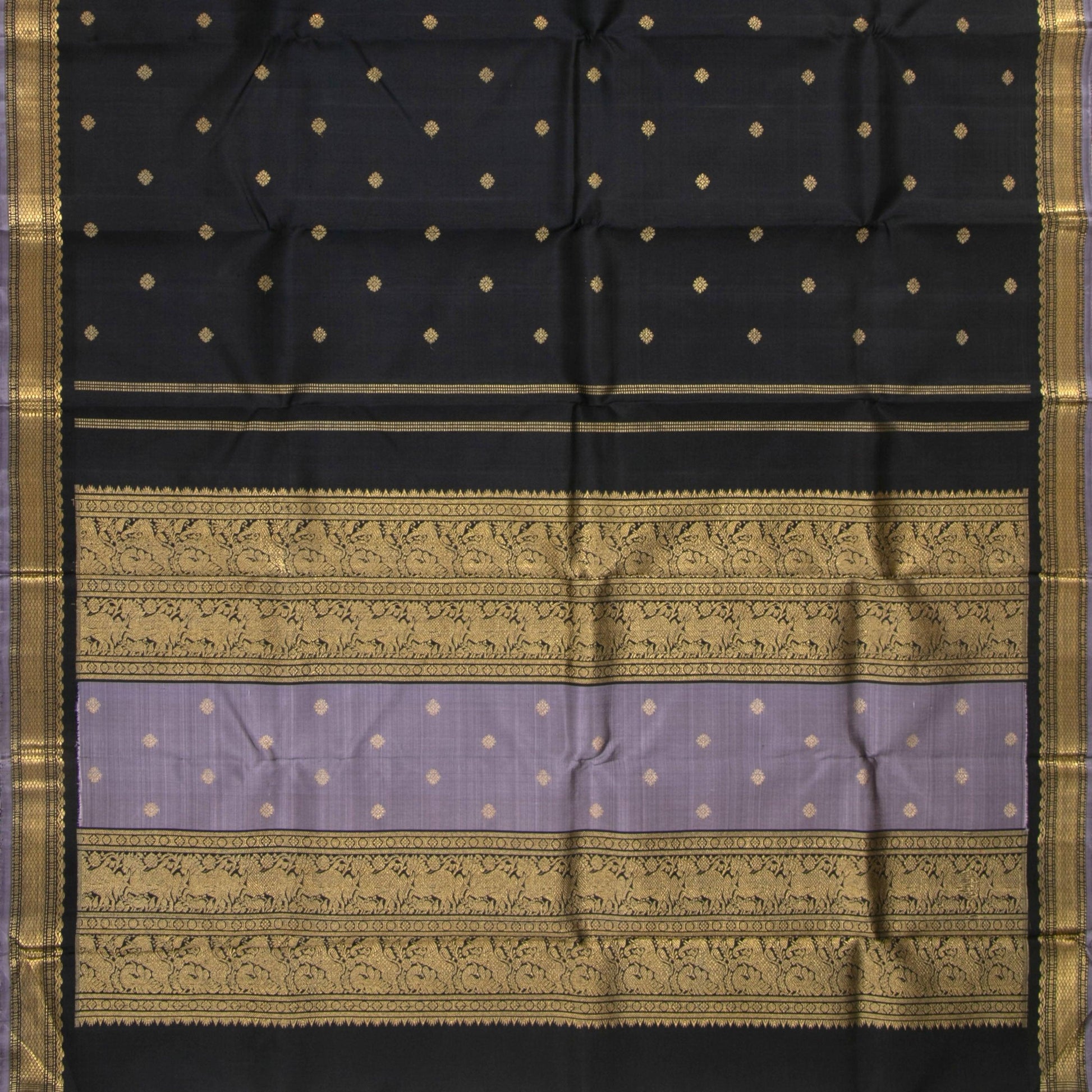 Black And Lilac Kanchipuram Silk Saree With Small Border Handwoven Pure Silk For Festive Wear PV NYC 1203 - Silk Sari - Panjavarnam PV NYC 1203