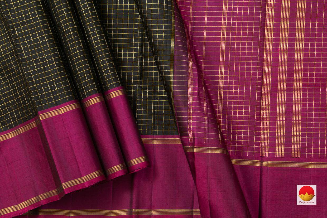 Black And Magenta Kanchipuram Silk Saree Handwoven Pure Silk Light Weight With Medium Border Office Wear PV 2031 - Cotton Saree - Panjavarnam PV 2031