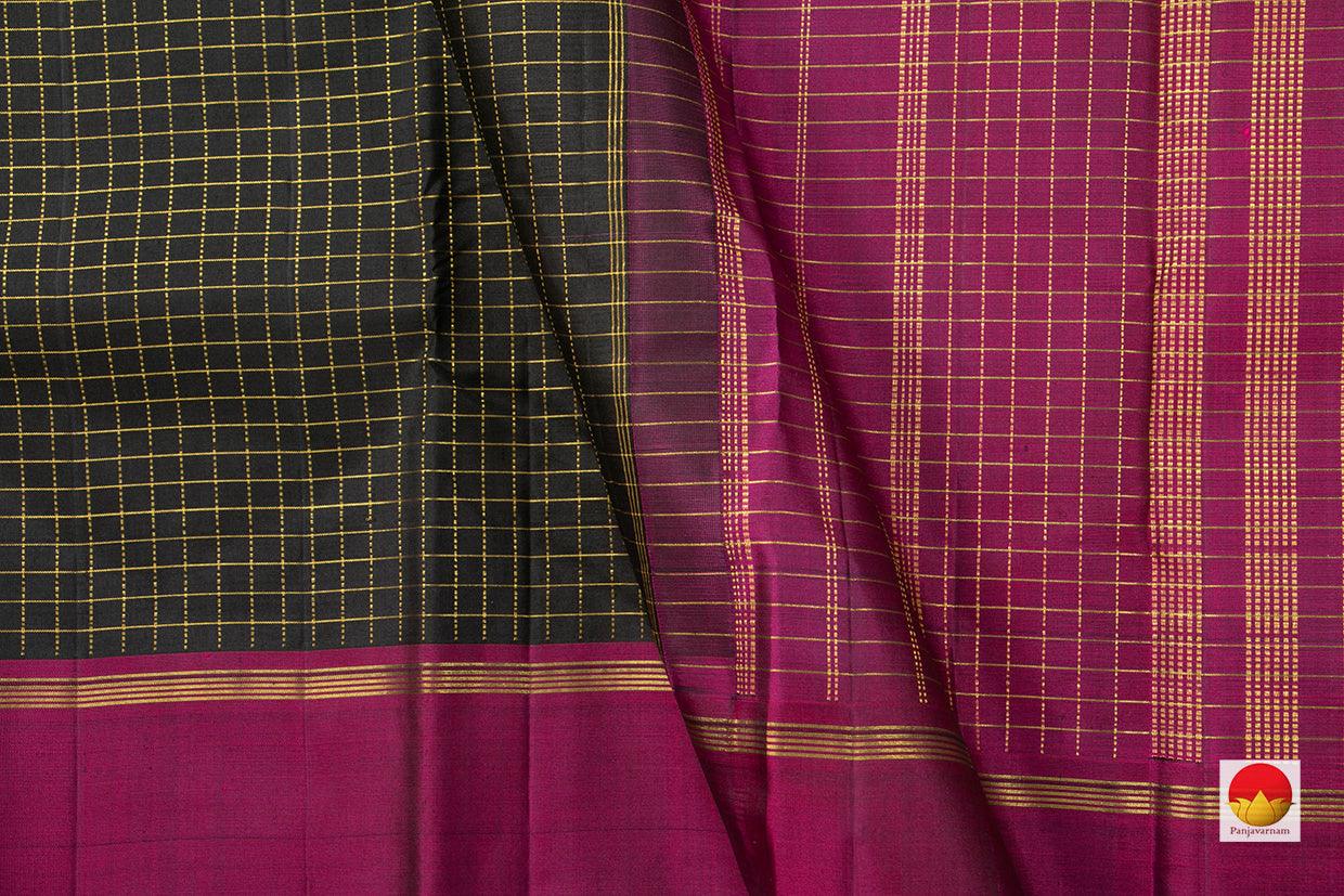 Black And Magenta Kanchipuram Silk Saree Handwoven Pure Silk Light Weight With Medium Border Office Wear PV 2031 - Cotton Saree - Panjavarnam PV 2031