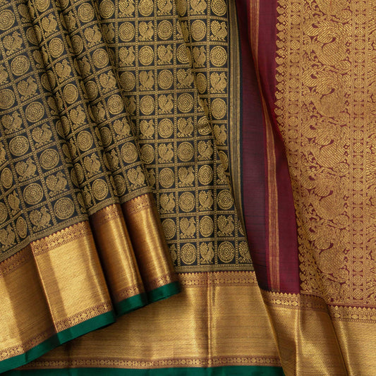 Black And Maroon Kanchipuram Silk Saree With Medium Border Handwoven Pure Silk For Festive Wear PV NYC 1252 - Silk Sari - Panjavarnam PV NYC 1252