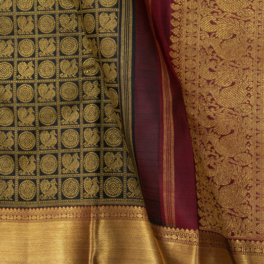 Black And Maroon Kanchipuram Silk Saree With Medium Border Handwoven Pure Silk For Festive Wear PV NYC 1252 - Silk Sari - Panjavarnam PV NYC 1252