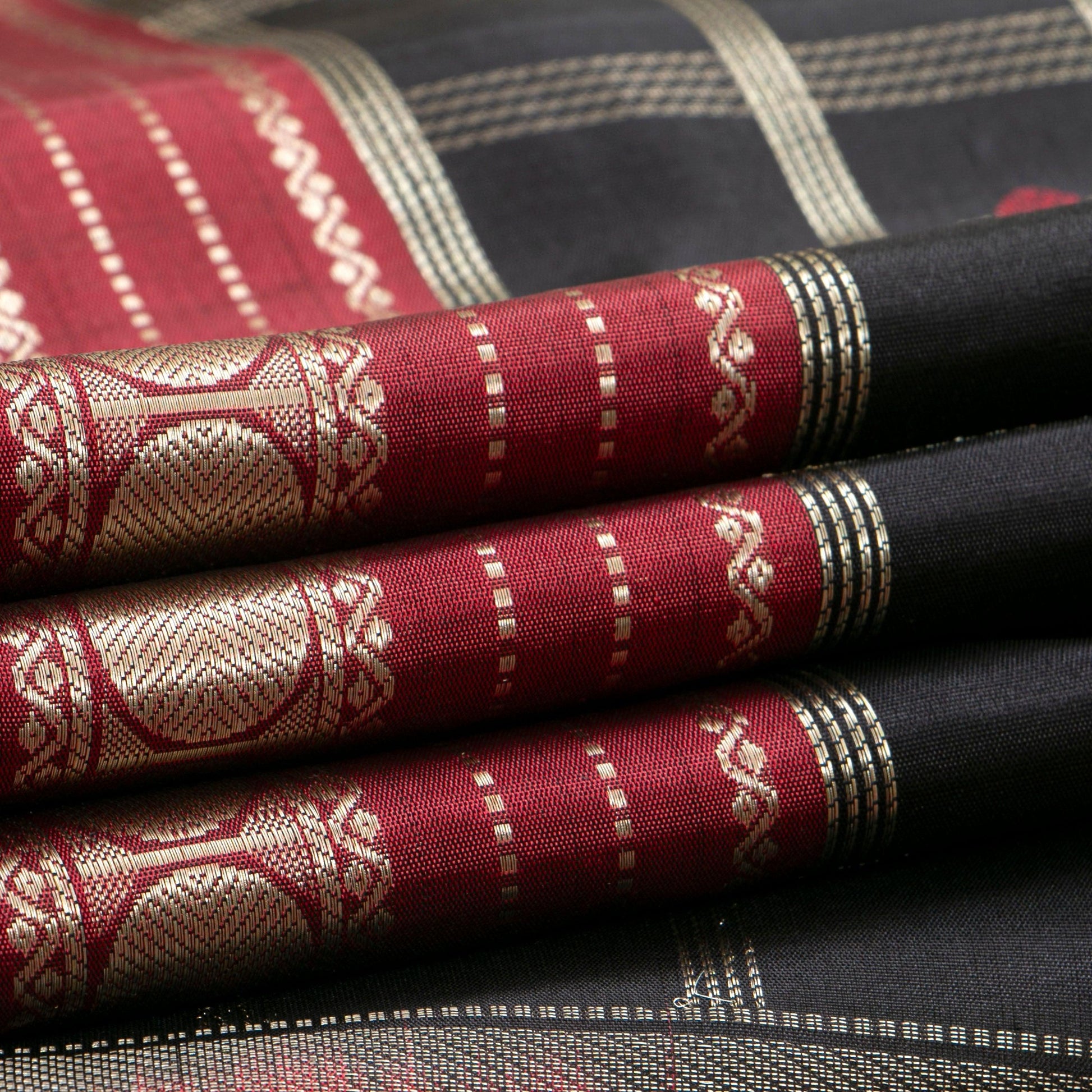 Black And Maroon Kanchipuram Silk Saree With Silver Zari For Party Wear PV RM 490 - Silk Sari - Panjavarnam PV RM 490