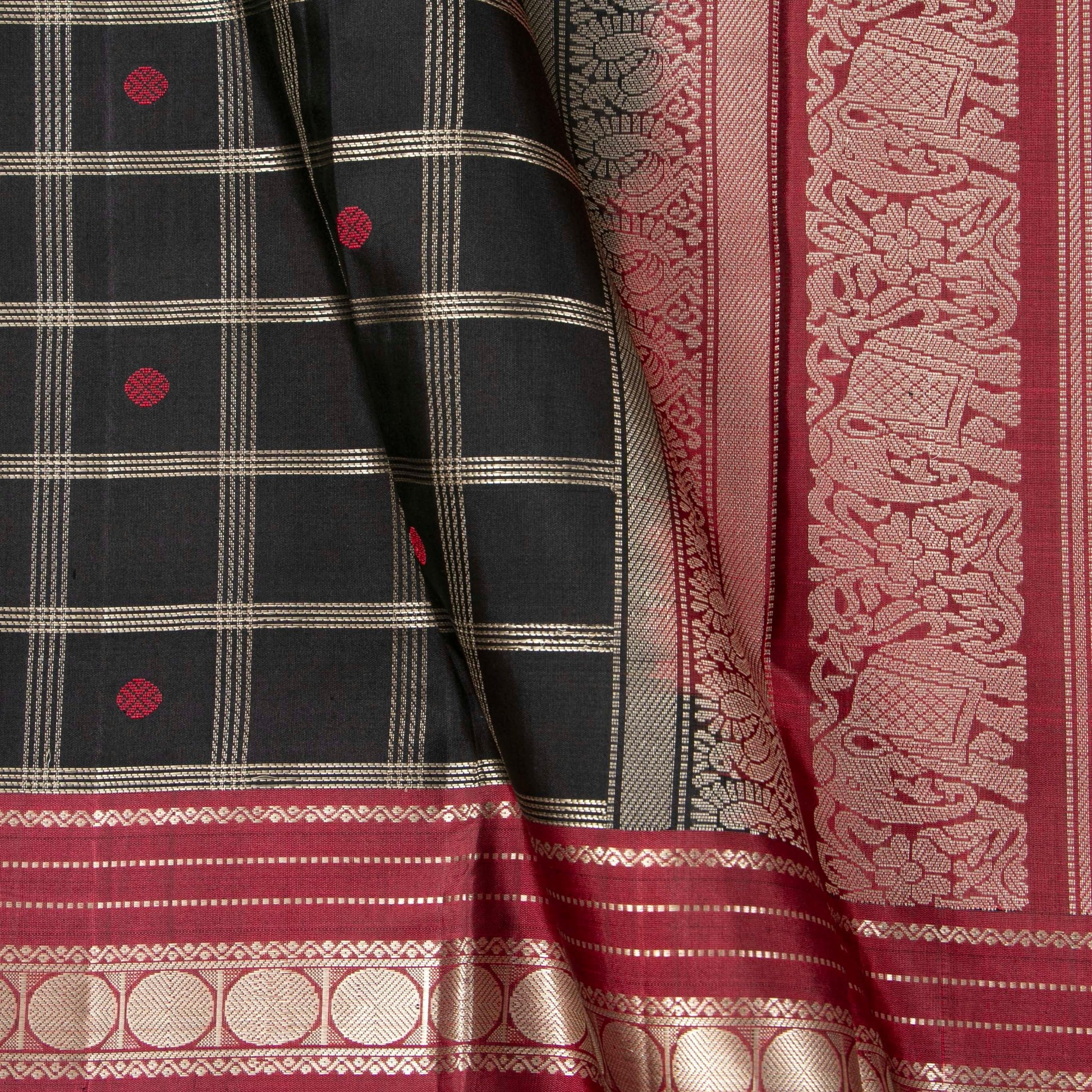 Black And Maroon Kanchipuram Silk Saree With Silver Zari For Party Wear PV RM 490 - Silk Sari - Panjavarnam PV RM 490