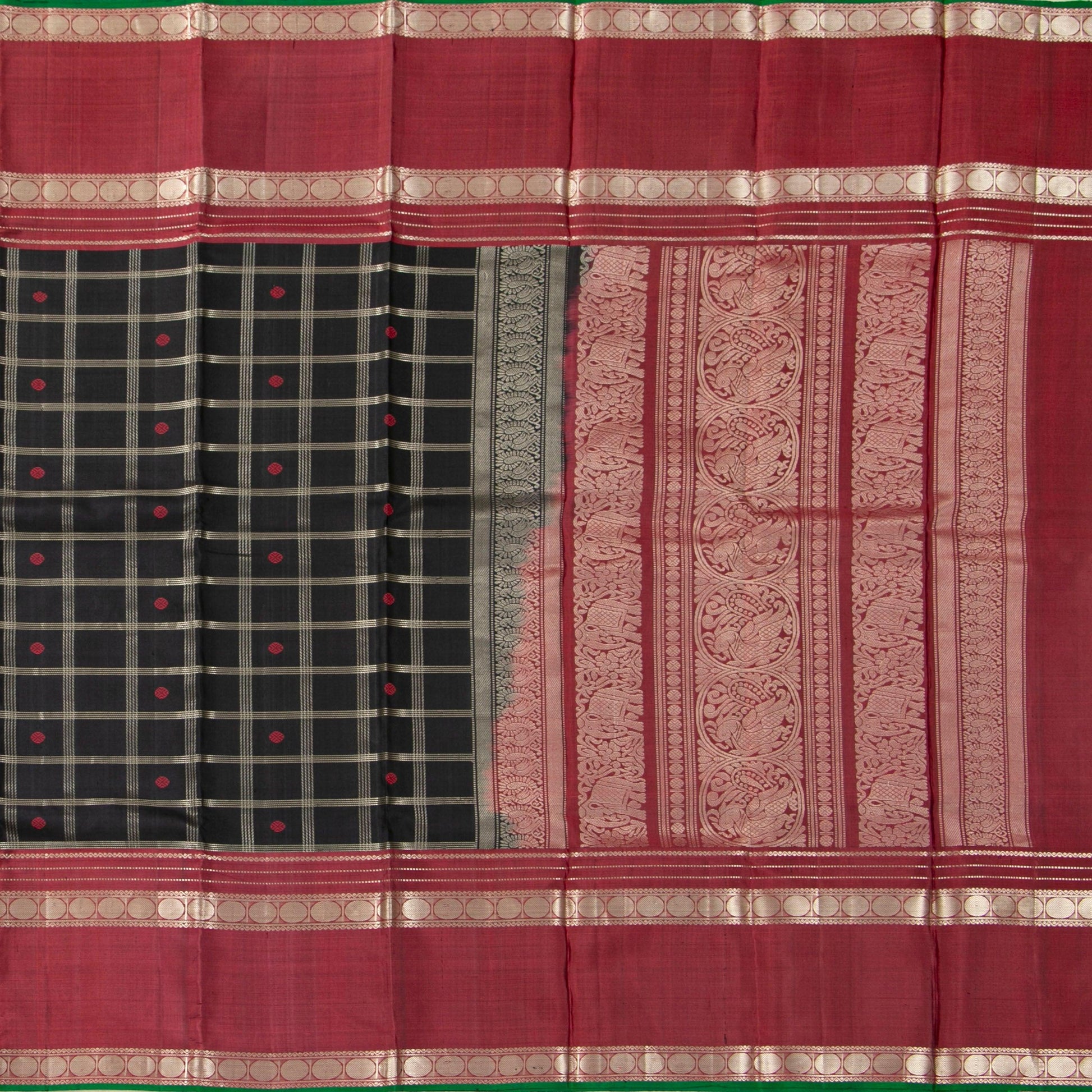 Black And Maroon Kanchipuram Silk Saree With Silver Zari For Party Wear PV RM 490 - Silk Sari - Panjavarnam PV RM 490
