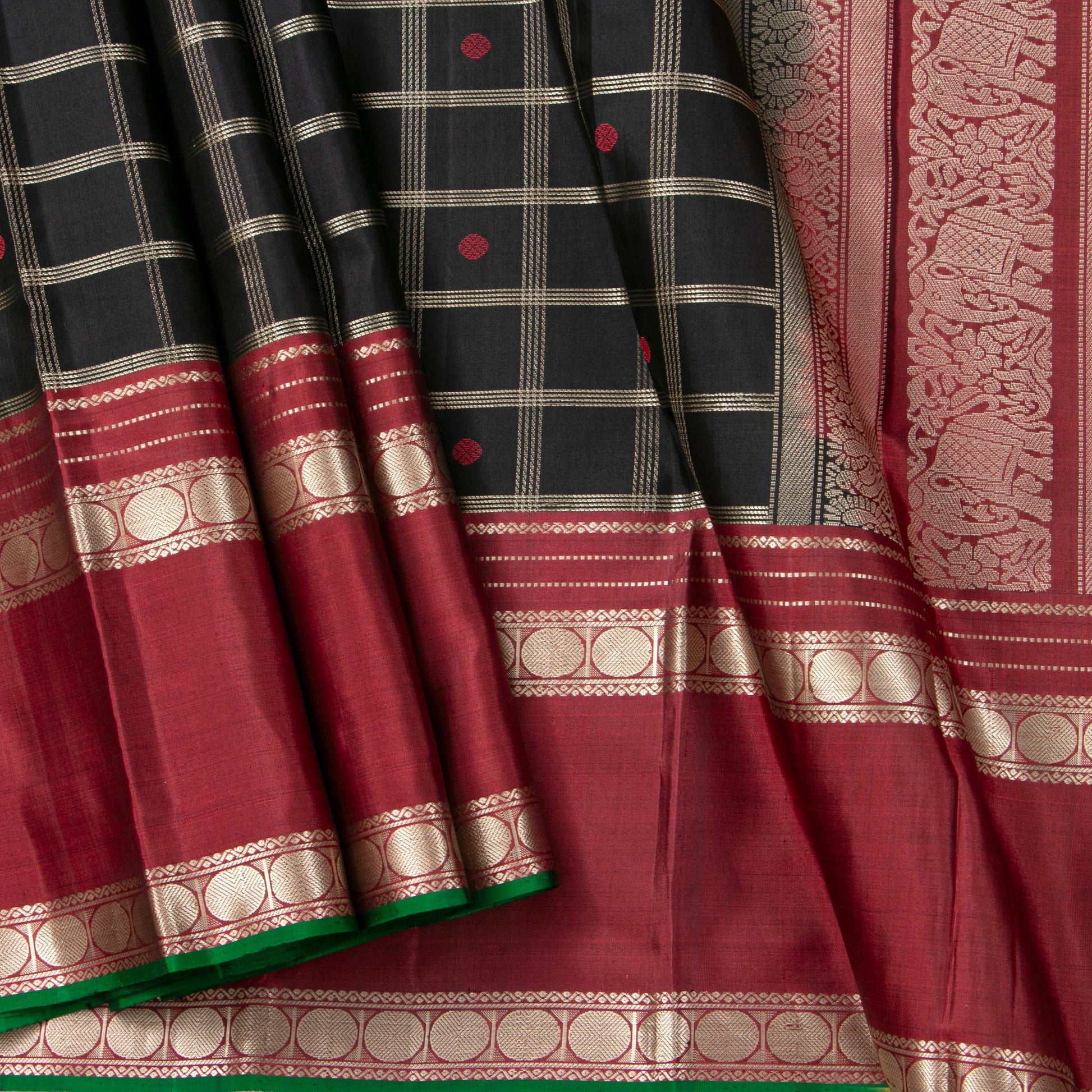Black And Maroon Kanchipuram Silk Saree With Silver Zari For Party Wear PV RM 490 - Silk Sari - Panjavarnam PV RM 490