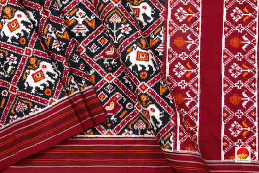 Black And Maroon Patan Patola Silk Saree Double Ikkat Handwoven Pure Silk For Festive Wear PIK 366 - Pochampally Silk - Panjavarnam