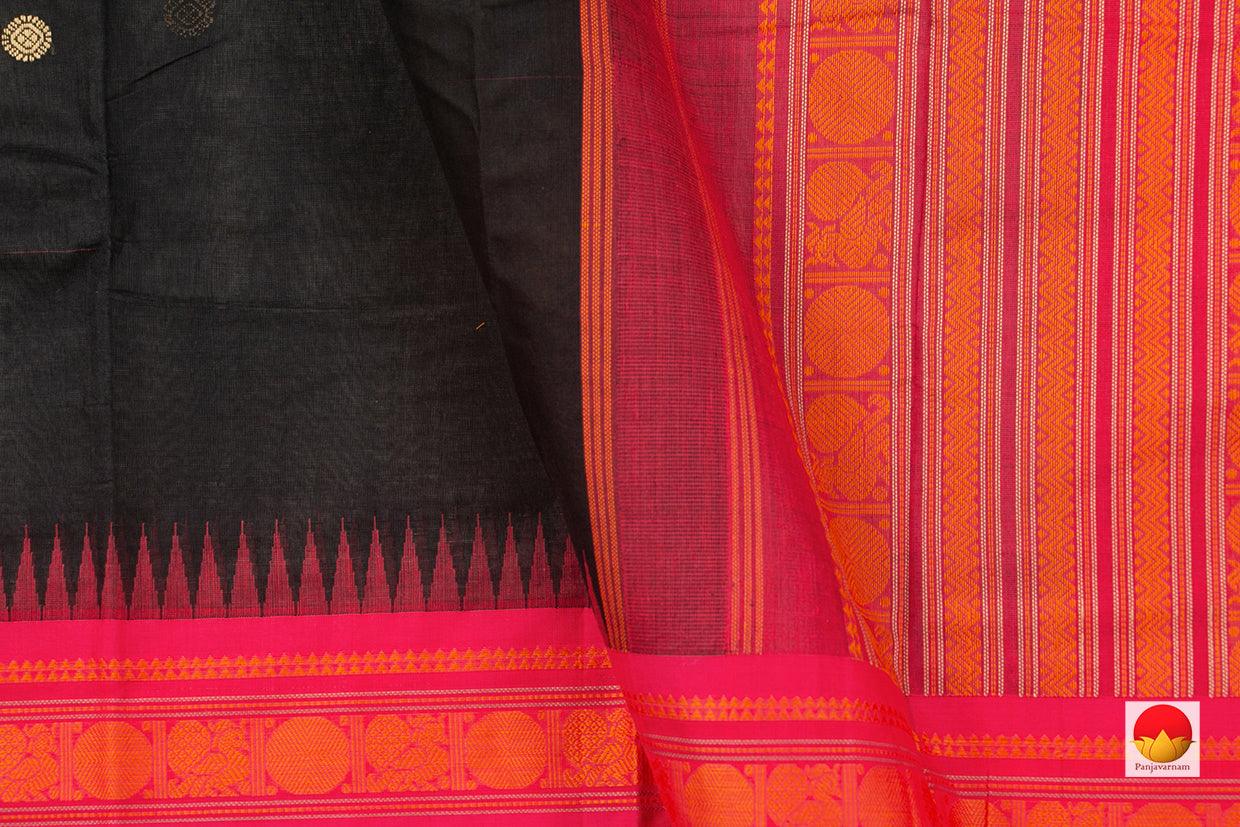 Black And Pink Kanchi Cotton Saree With Korvai Silk Border For Festive Wear PV KC 404 - Cotton Saree - Panjavarnam