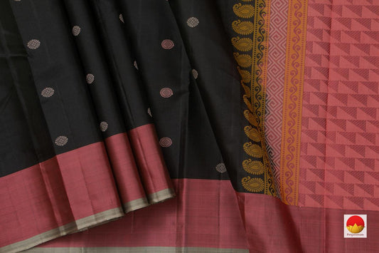 Black And Pink Kanchipuram Silk Saree Handwoven Pure Silk No Zari Light Weight With Medium Border Office Wear PV KNN 177 - Silk Sari - Panjavarnam