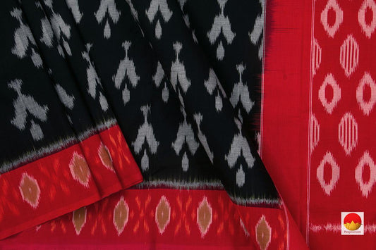Black And Red Pochampally Ikkat Cotton Saree With Flora Buttas Handwoven SC 135 - Cotton Saree - Panjavarnam