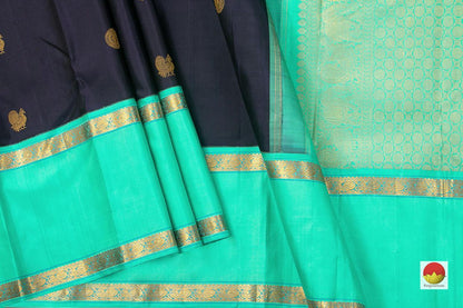 Black And Sea Green Kanchipuram Silk Saree With Medium Border Handwoven Pure Silk For Festive Wear PV J 224 - Silk Sari - Panjavarnam PV J 224