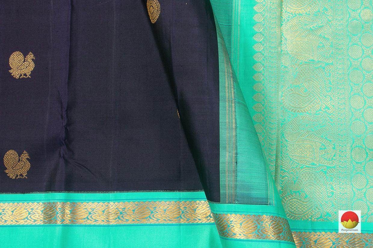 Black And Sea Green Kanchipuram Silk Saree With Medium Border Handwoven Pure Silk For Festive Wear PV J 224 - Silk Sari - Panjavarnam PV J 224