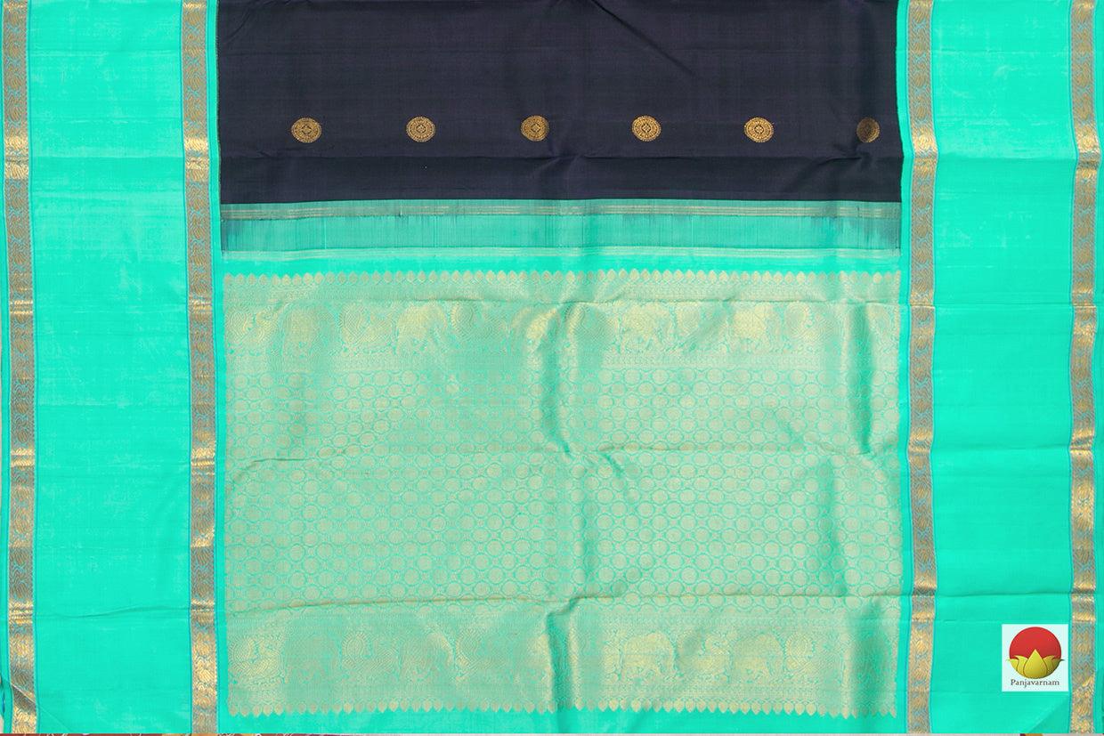 Black And Sea Green Kanchipuram Silk Saree With Medium Border Handwoven Pure Silk For Festive Wear PV J 224 - Silk Sari - Panjavarnam PV J 224