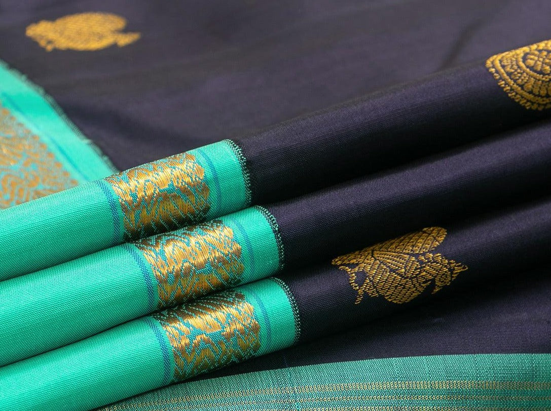 Black And Sea Green Kanchipuram Silk Saree With Medium Border Handwoven Pure Silk For Festive Wear PV J 224 - Silk Sari - Panjavarnam PV J 224