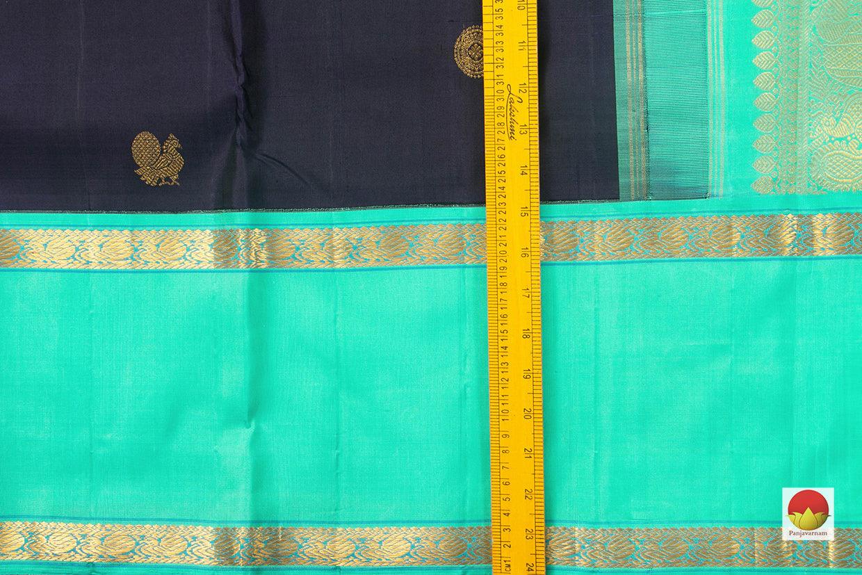 Black And Sea Green Kanchipuram Silk Saree With Medium Border Handwoven Pure Silk For Festive Wear PV J 224 - Silk Sari - Panjavarnam PV J 224