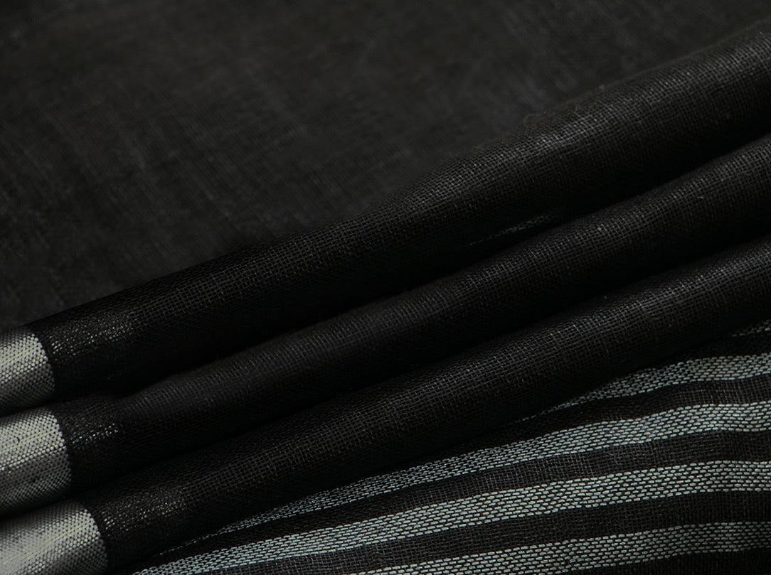 Black And White Half and Half Linen Saree With Embroidery And Silver Zari Border PL 2025 - Linen Sari - Panjavarnam