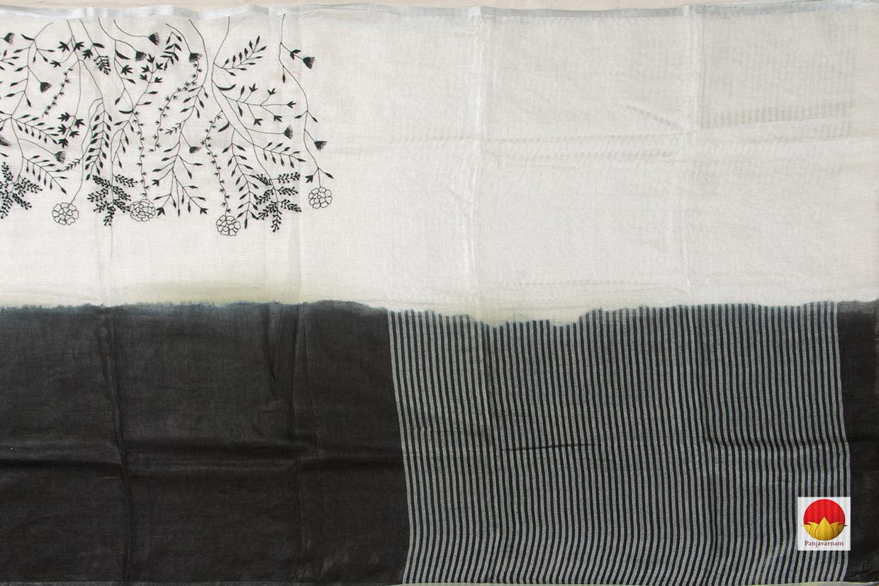 Black And White Half and Half Linen Saree With Embroidery And Silver Zari Border PL 2025 - Linen Sari - Panjavarnam PL 2025