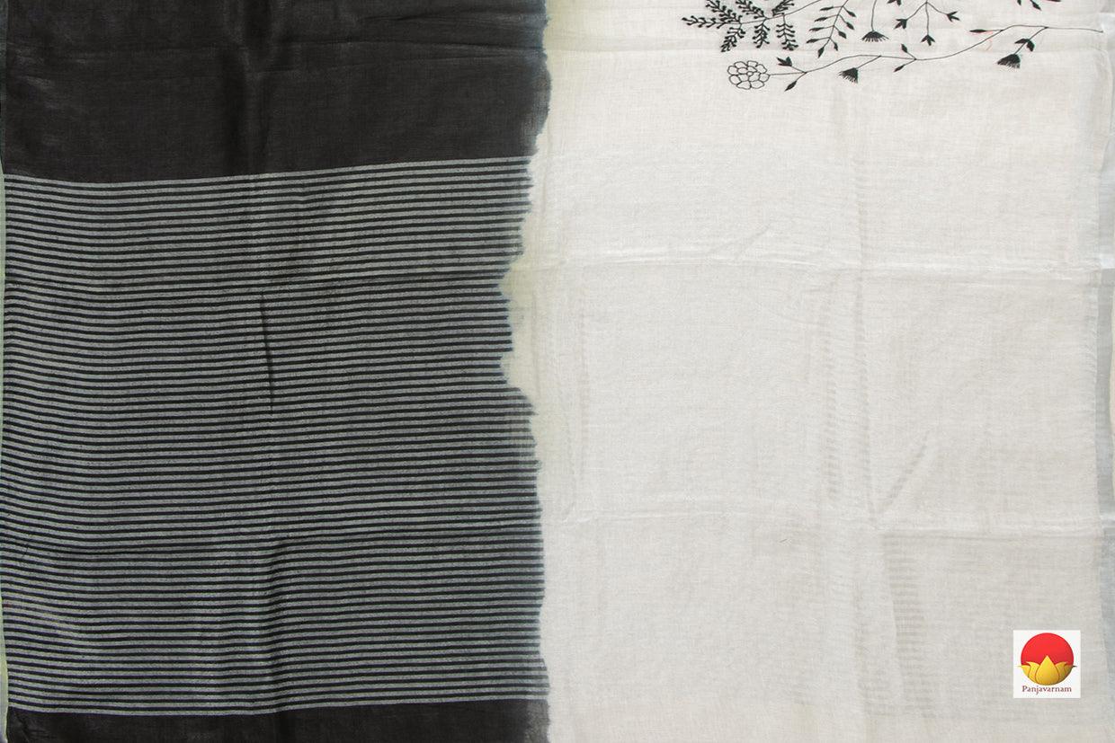 Black And White Half and Half Linen Saree With Embroidery And Silver Zari Border PL 2025 - Linen Sari - Panjavarnam PL 2025