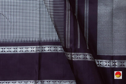 Black And White Khasa Khasa Checks Kanchipuram Silk Saree With Jamoon Purple Temple Korvai Border Handwoven Pure Silk Pure Zari For Festive Wear PV NYC 967 - Silk Sari - Panjavarnam