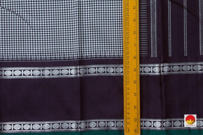 Black And White Khasa Khasa Checks Kanchipuram Silk Saree With Jamoon Purple Temple Korvai Border Handwoven Pure Silk Pure Zari For Festive Wear PV NYC 967 - Silk Sari - Panjavarnam