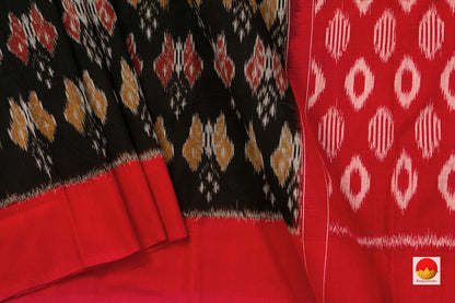 Black Body And Red Border Pochampally Ikkat Cotton Saree Handwoven SC 141 - Cotton Saree - Panjavarnam