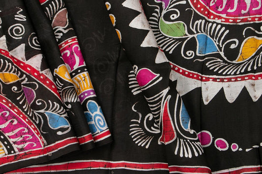 Black Borderless Lightweight Batik Silk Saree Handwoven Pure Silk For Office Wear PB 324 - Linen Sari - Panjavarnam
