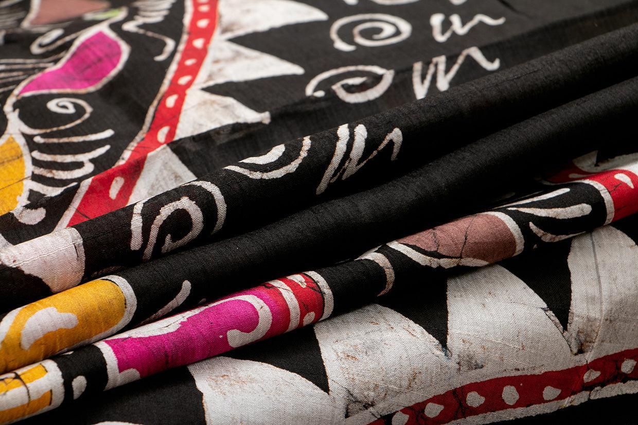 Black Borderless Lightweight Batik Silk Saree Handwoven Pure Silk For Office Wear PB 324 - Linen Sari - Panjavarnam
