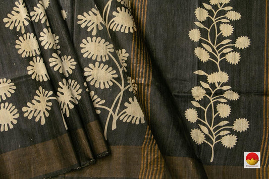 Black Floral Handwoven Tussar Silk Saree For Office Wear PT 703 - Tussar Silk - Panjavarnam
