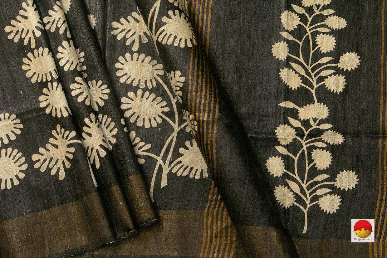 Black Floral Handwoven Tussar Silk Saree For Office Wear PT 703 - Tussar Silk - Panjavarnam