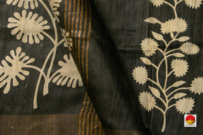 Black Floral Handwoven Tussar Silk Saree For Office Wear PT 703 - Tussar Silk - Panjavarnam PT 703