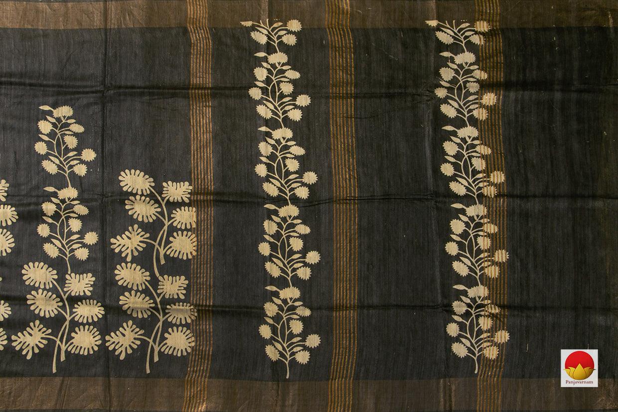 Black Floral Handwoven Tussar Silk Saree For Office Wear PT 703 - Tussar Silk - Panjavarnam PT 703