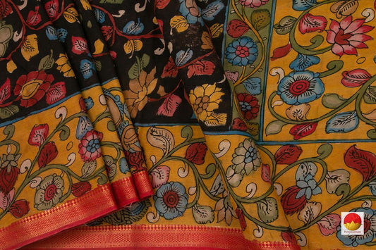 Black Handpainted Kalamkari Mangalgiri Silk Saree Organic Dyes For Office Wear PKMS 50 - Kalamkari Silk - Panjavarnam