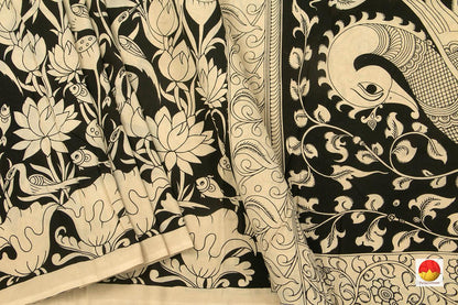 Black Handpainted Kalamkari Saree Organic Dyes For Office Wear PKM 555 - Kalamkari Silk - Panjavarnam PKM 555