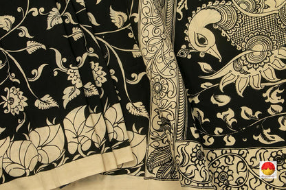 Black Handpainted Kalamkari Saree With Annapakshi Pallu Organic Dyes For Office Wear PKM 552 - Kalamkari Silk - Panjavarnam