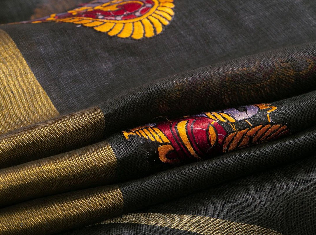 Black Handwoven Embroidered Linen Saree For Office Wear PL 2008 - Linen Sari - Panjavarnam
