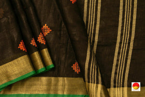 Black Handwoven Embroidered Linen Saree With Gold Zari For Office Wear PL 2006 - Linen Sari - Panjavarnam PL 2006