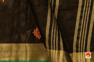 Black Handwoven Embroidered Linen Saree With Gold Zari For Office Wear PL 2006 - Linen Sari - Panjavarnam PL 2006