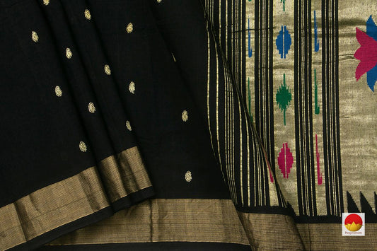 Black Handwoven Paithani Cotton Saree For Festive Wear PV MG 109 - Paithani Saree - Panjavarnam