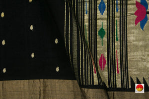 Black Handwoven Paithani Cotton Saree For Festive Wear PV MG 109 - Paithani Saree - Panjavarnam PV MG 109