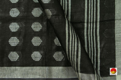 Black Jamdani Pure Linen Saree With Silver Zari Border Handwoven PL 2019 - Linen Sari - Panjavarnam