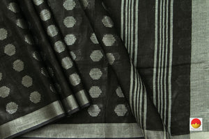 Black Jamdani Pure Linen Saree With Silver Zari Border Handwoven PL 2019 - Linen Sari - Panjavarnam PL 2019