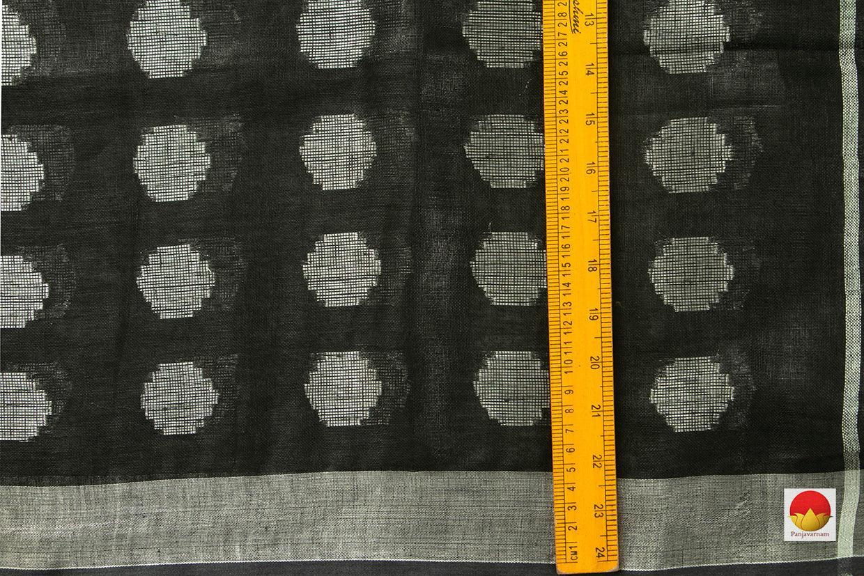 Black Jamdani Pure Linen Saree With Silver Zari Border Handwoven PL 2019 - Linen Sari - Panjavarnam PL 2019