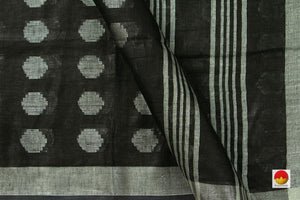 Black Jamdani Pure Linen Saree With Silver Zari Border Handwoven PL 2019 - Linen Sari - Panjavarnam PL 2019