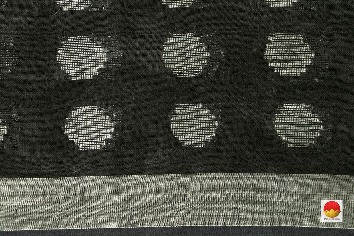 Black Jamdani Pure Linen Saree With Silver Zari Border Handwoven PL 2019 - Linen Sari - Panjavarnam PL 2019