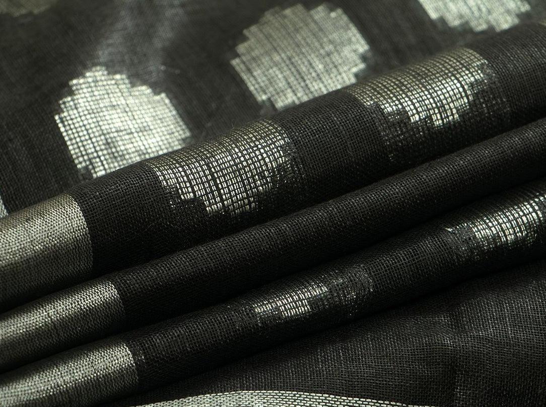 Black Jamdani Pure Linen Saree With Silver Zari Border Handwoven PL 2019 - Linen Sari - Panjavarnam PL 2019