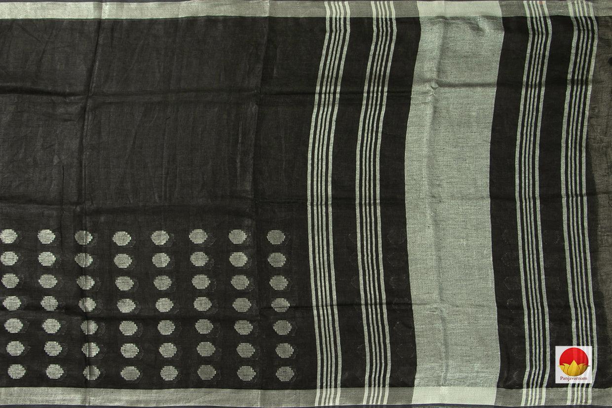 Black Jamdani Pure Linen Saree With Silver Zari Border Handwoven PL 2019 - Linen Sari - Panjavarnam PL 2019