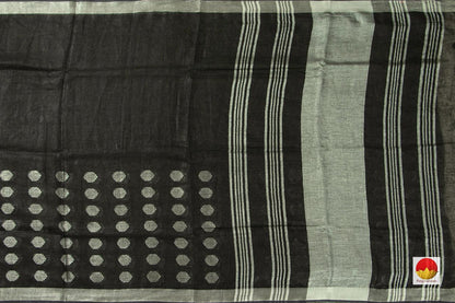 Black Jamdani Pure Linen Saree With Silver Zari Border Handwoven PL 2019 - Linen Sari - Panjavarnam PL 2019