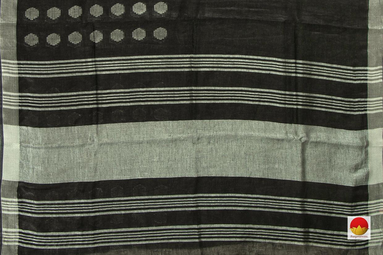 Black Jamdani Pure Linen Saree With Silver Zari Border Handwoven PL 2019 - Linen Sari - Panjavarnam PL 2019