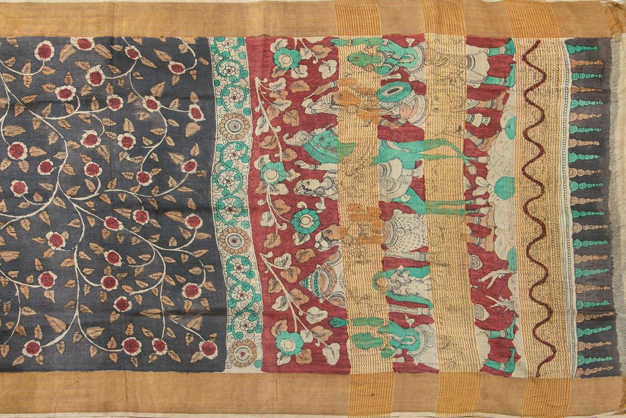 Black Kalamkari Tussar Silk Saree Handpainted Floral Patterns Organic Vegetable Dyes PT K VSR 115 - Kalamkari Silk - Panjavarnam PT K VSR 115