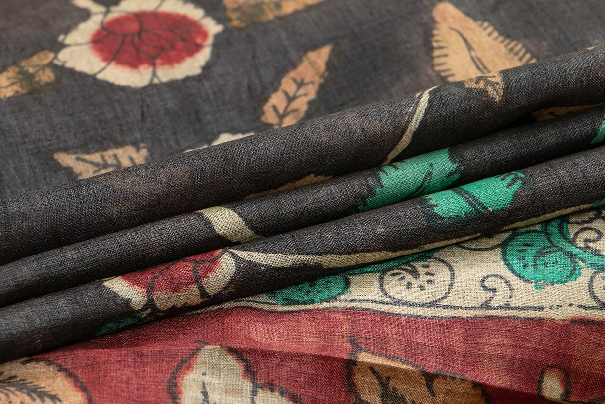 Black Kalamkari Tussar Silk Saree Handpainted Floral Patterns Organic Vegetable Dyes PT K VSR 115 - Kalamkari Silk - Panjavarnam PT K VSR 115