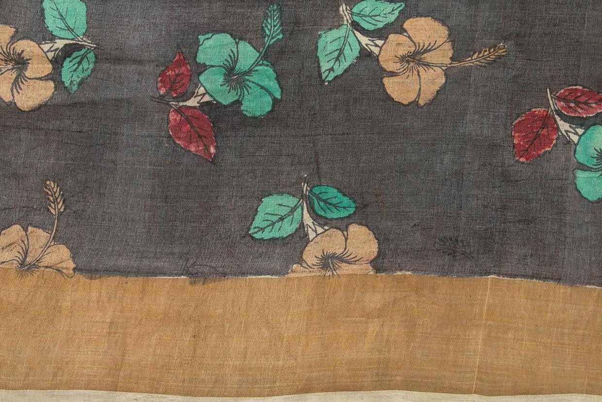 Black Kalamkari Tussar Silk Saree Handpainted Floral Patterns Organic Vegetable Dyes PT K VSR 115 - Kalamkari Silk - Panjavarnam PT K VSR 115